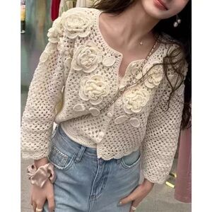 Cream Crochet Cardigan with Floral Details